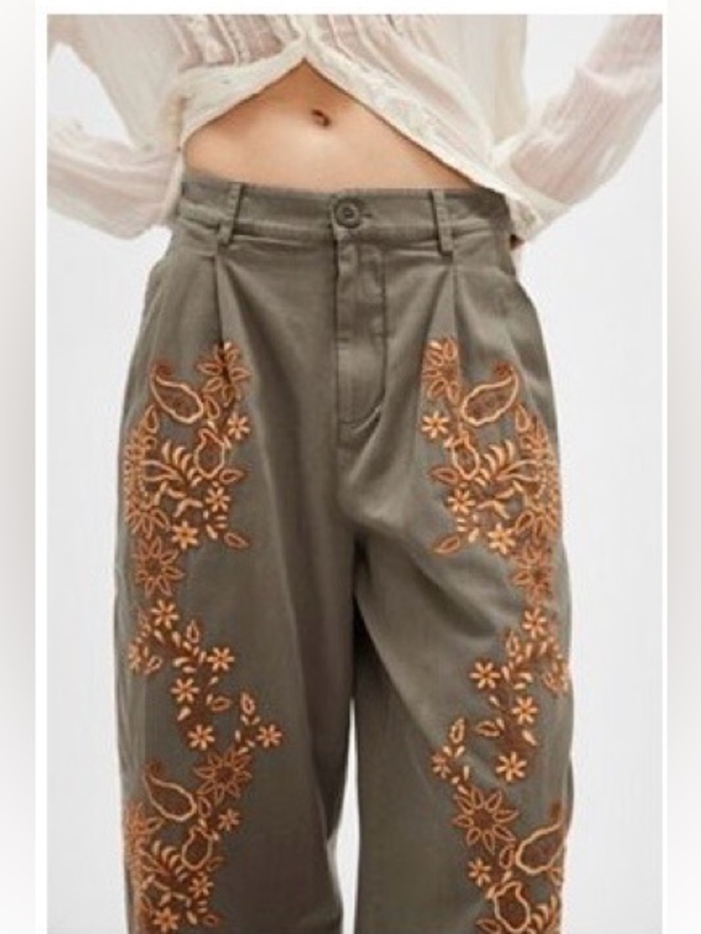 Free People Olive Wide-Leg Pants with Orange Floral Embroidery Sz 10